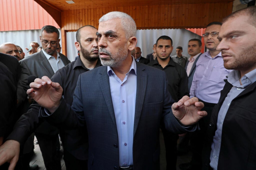 Gaza's Hamas Chief Yehya Al-Sinwar talks to media, in Gaza City 