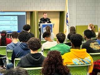 Leominster Police Department Court Liaison Sgt. Matthew Fallon paid a visit to Leominster High School, his alma mater, earlier this month to speak to Street and Practical Law students. (COURTESY RENÉ LAFAYETTE)