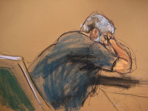 A courtroom sketch provided on 19 May 2014 shows Abu Hamza as he is found guilty of providing material support to terrorist organisations