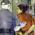 Illustration of handcuffed person being led by a jail guard.