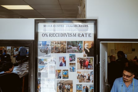 Above the entry to the San Quentin News newsroom, a prominent display showcases their remarkable achievement of a 0% recidivism rate since 2008.