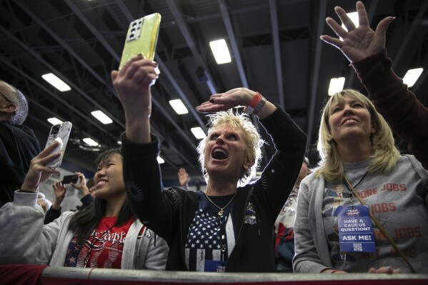 Supporters cheer as Republican presidential candidate and former President Donald Trump speaks to the crowd during a caucus event, Saturday, Dec. 2, 2023, at Kirkwood Community College in Cedar Rapids, Iowa. (Geoff Stellfox/The Gazette via AP)