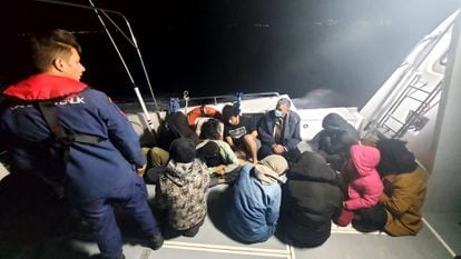 Some of the Palestinians who were illegally returned by Greece to Turkey in an inflatable boat. They are pictured upon being rescued by the Turkish Coast Guard, on October 22, 2022.