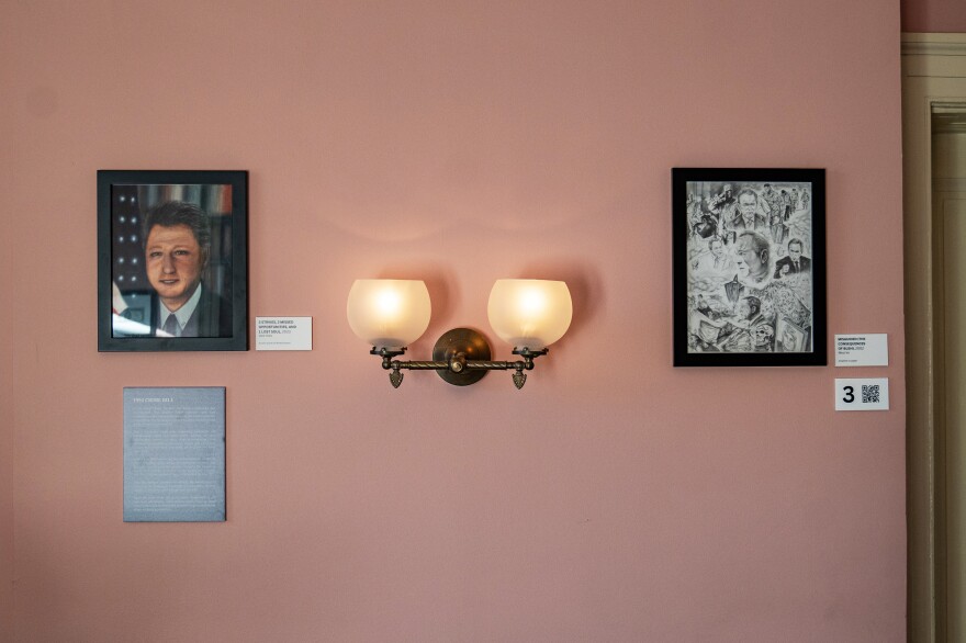 A portrait of President Bill Clinton and a collage of drawings of President George W. Bush are on display at Lincoln's Cottage.