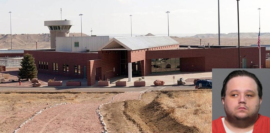 Department of Justice mugshot of James (Jimmy) Sabatino inset into a landscape photo of the U.S. Penitentiary Administrative Maximum (ADX) outside Florence, Colorado.