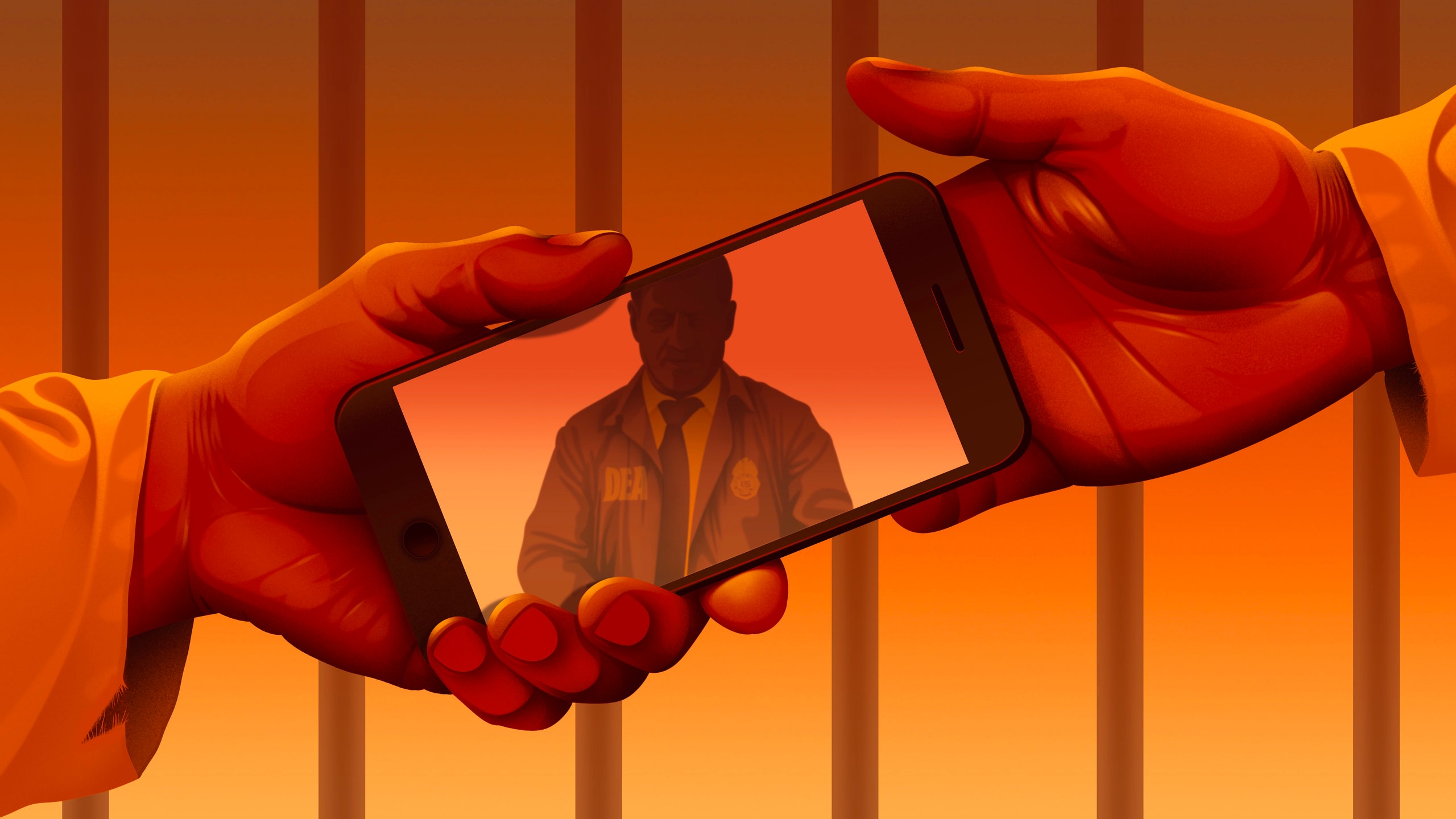 An illustration of two prisoners holding a cell phone. There is a shadow of a D.E.A. agent reflected on the phones screen.