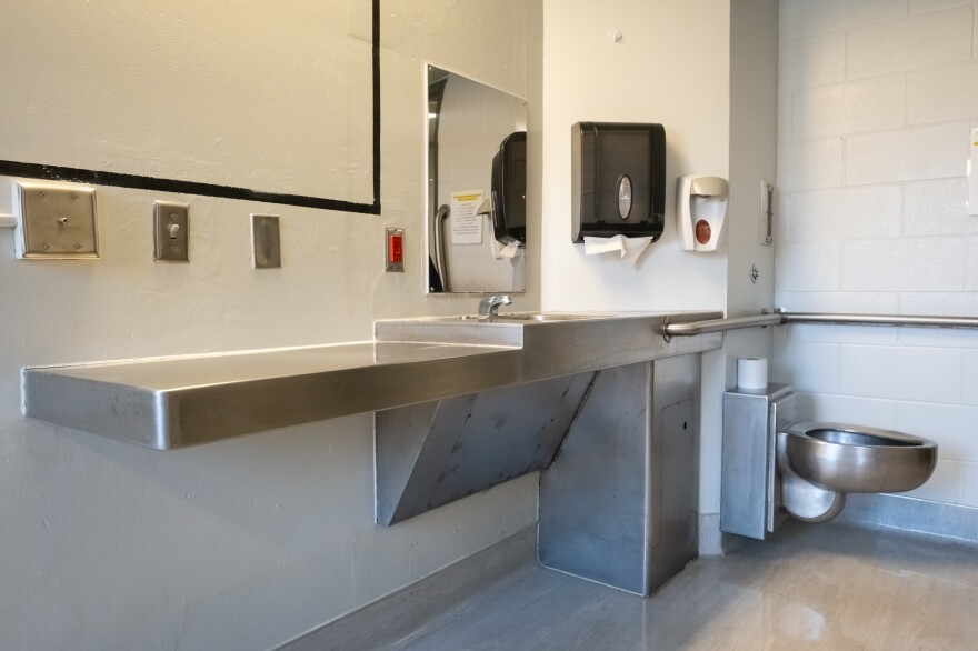 Cells in the Transitional Care Unit are built with accommodations such as wider doors, hospital beds, sinks that wheelchairs can go under and a nurse call button.