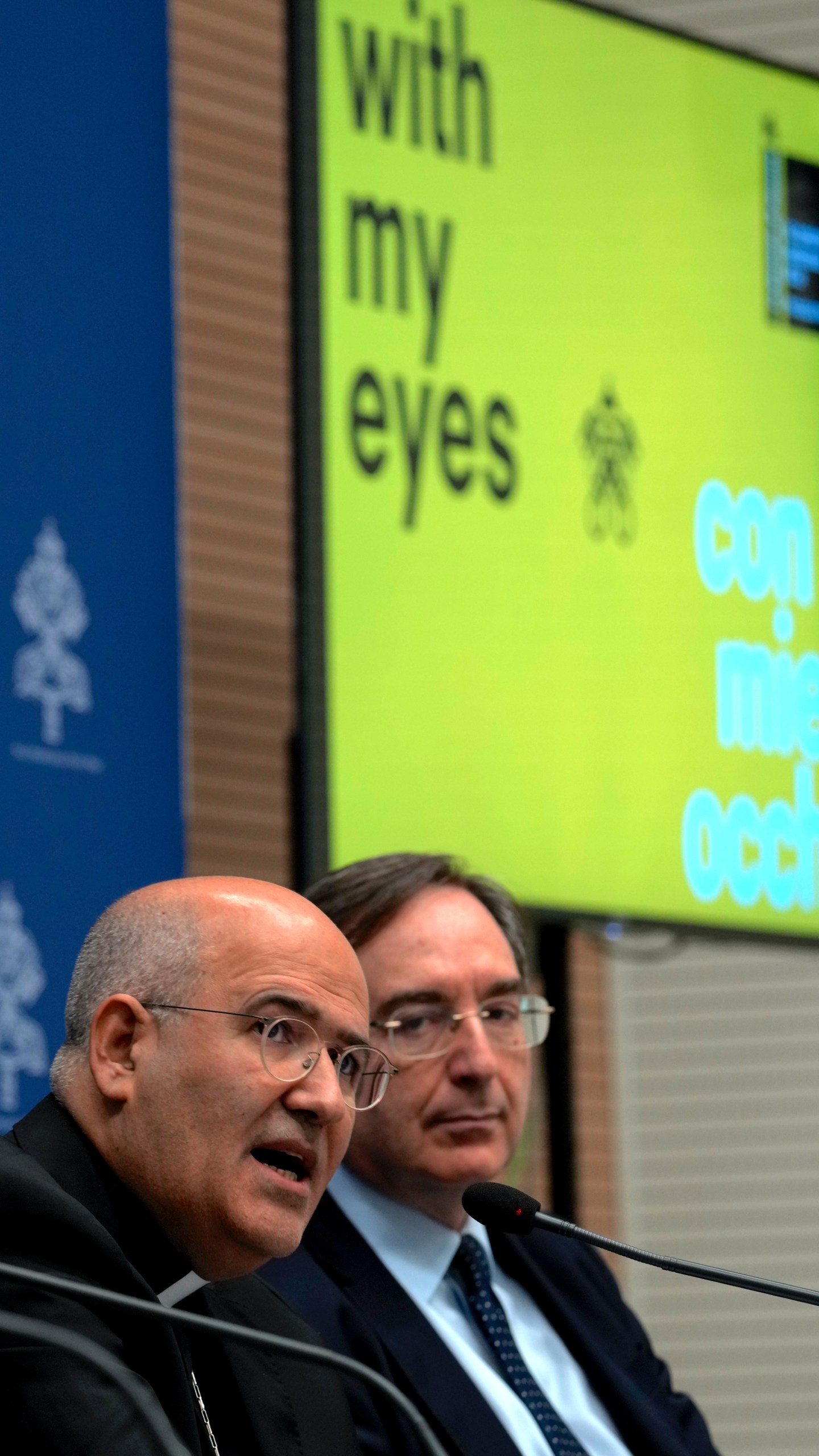 From left, Vatican Prefect of the Dicastery for Culture and Education, Card. José Tolentino de Mendonça and Giovanni Russo, head of the Italian Prison Administration attend a press conference at The Vatican, Monday, March 11, 2024, to present 