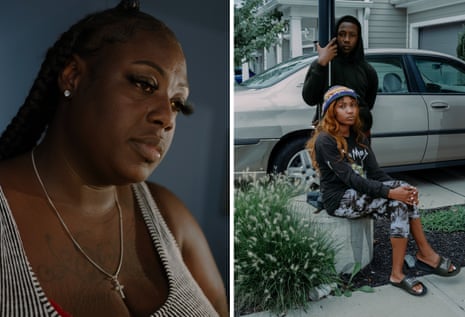 Left: Portrait of a black woman against a blue gray background. Right: A teen boy and young woman pose for a portrait outside.