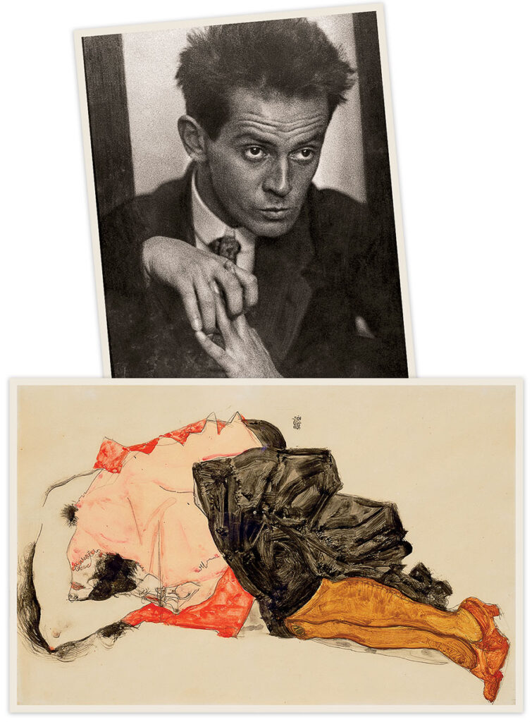 From top: Austrian artist Schiele in 1914; Schiele’s ‘Woman Hiding Her Face,’ restituted to Grünbaum’s heirs in 2022