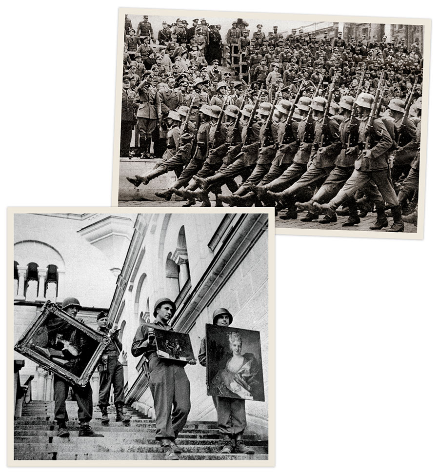 From top: Nazi troops in Vienna after the 1938 annexation of Austria; American soldiers with Nazi-looted paintings found in an Austrian castle in 1945