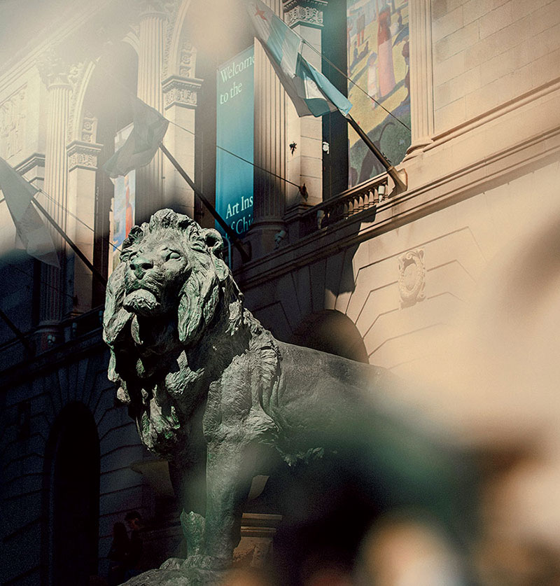 A lion statue outside the Art Institute