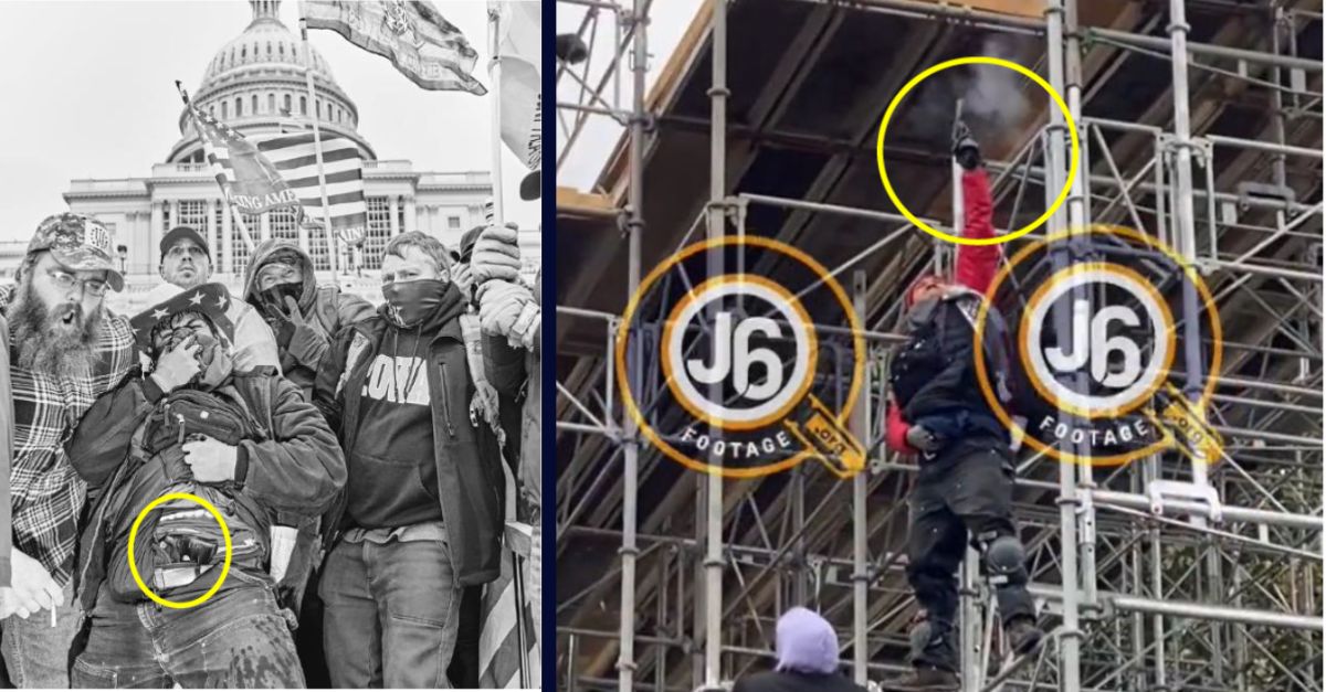 Justice Department provided exhibits show accused Jan. 6 rioter John Banuelos, left, exposing a firearm strapped to his waist and right, shooting a firearm while atop scaffolding at the U.S. Capitol in Washington, D.C.