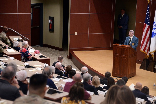 U.S. Disciplinary Barracks Historian Peter Grande welcomes guests to the sesquicentennial anniversary plaque ceremony May 21, 2024, at the Lewis and Clark Center at Fort Leavenworth, Kansas. Photo by Prudence Siebert/Fort Leavenworth Lamp