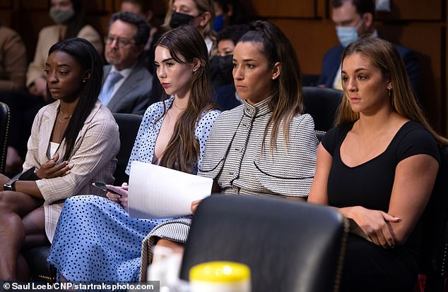 Pinson believes that the gang members force the child molester to perform 'sexual favors' as a way to 'humiliate and degrade' Nassar for what he did to the girls. (pictured: Nassar's victims at the Senate Jury Hearing in 2021)