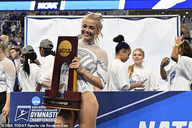 Dunne was a member of the junior national team that trained at the Texas camp under the USA Gymnastics program. (pictured: Dunne poses with a trophy after winning the national championship the Women's National Gymnastics Championship in April 2024)