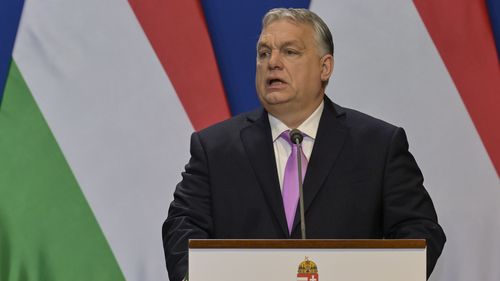 FILE - Hungarian Prime Minister Viktor Orban speaks during a press conference with his Sweden's counterpart Ulf Kristersson at the Carmelite Monastery in Budapest, Hungary, on Feb 23, 2024. Hungary's prime minister says that he will seek to opt his country out of any NATO operations aimed at supporting Ukraine. Prime Minister Viktor Orbán told state radio on Friday, May 24, 2024 that Hungary opposes a plan NATO is weighing to provide more predictable military support to Ukraine. (AP Photo/Denes 