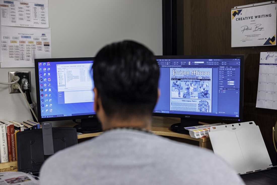 Patrick Bonga, a senior editor, works on the layout for the latest issue of The Prison Mirror at the Stillwater prison.