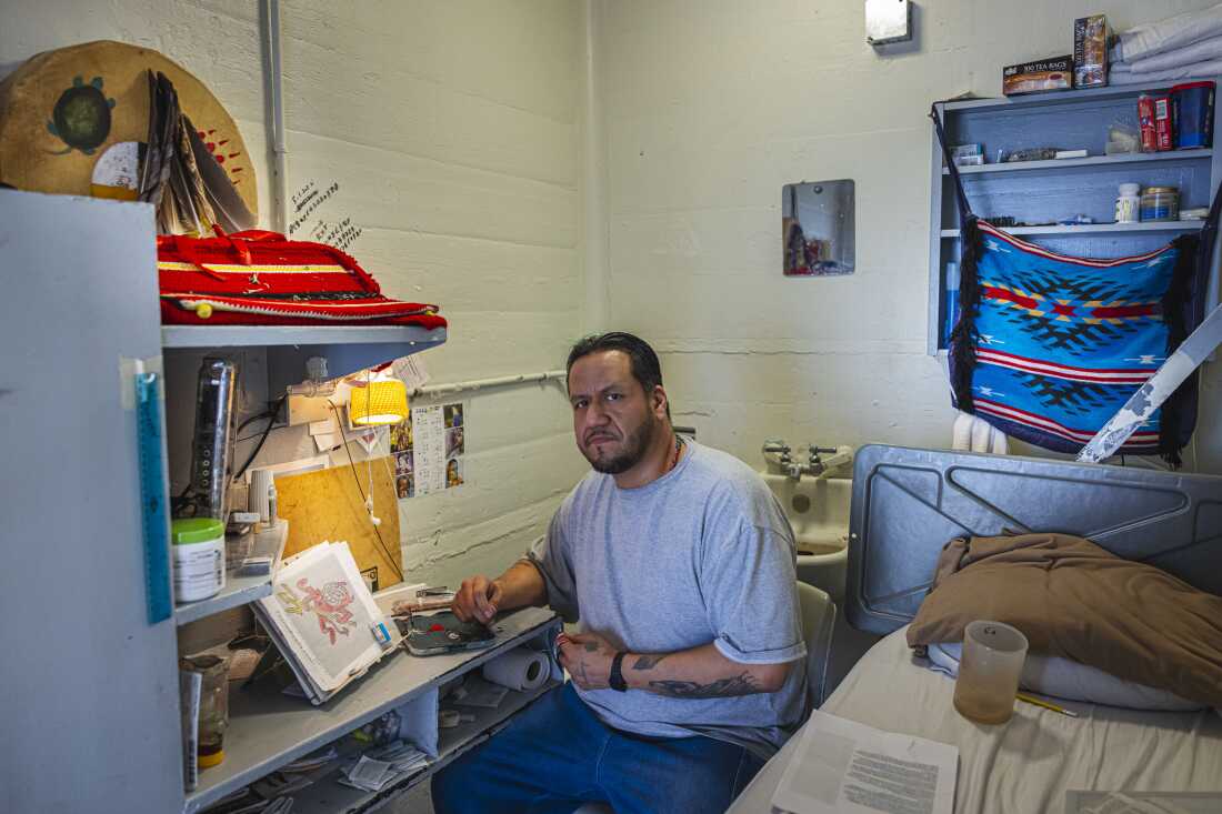 Patrick Bonga poses in his cell at Stillwater Correctional Facility on Friday, May 10, 2024, in Stillwater, Minn.