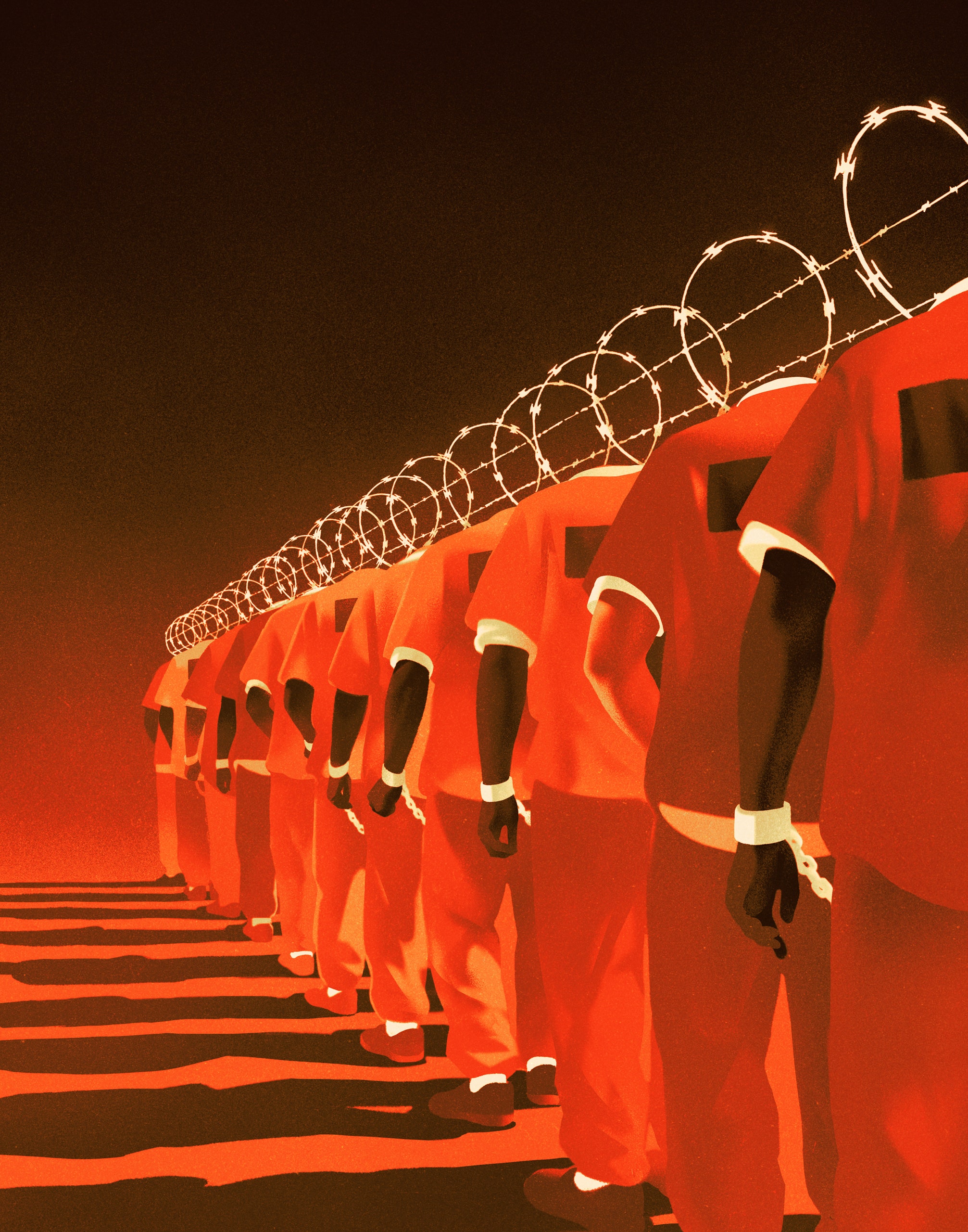 An illustration of prisoners standing in line with barbed wire.