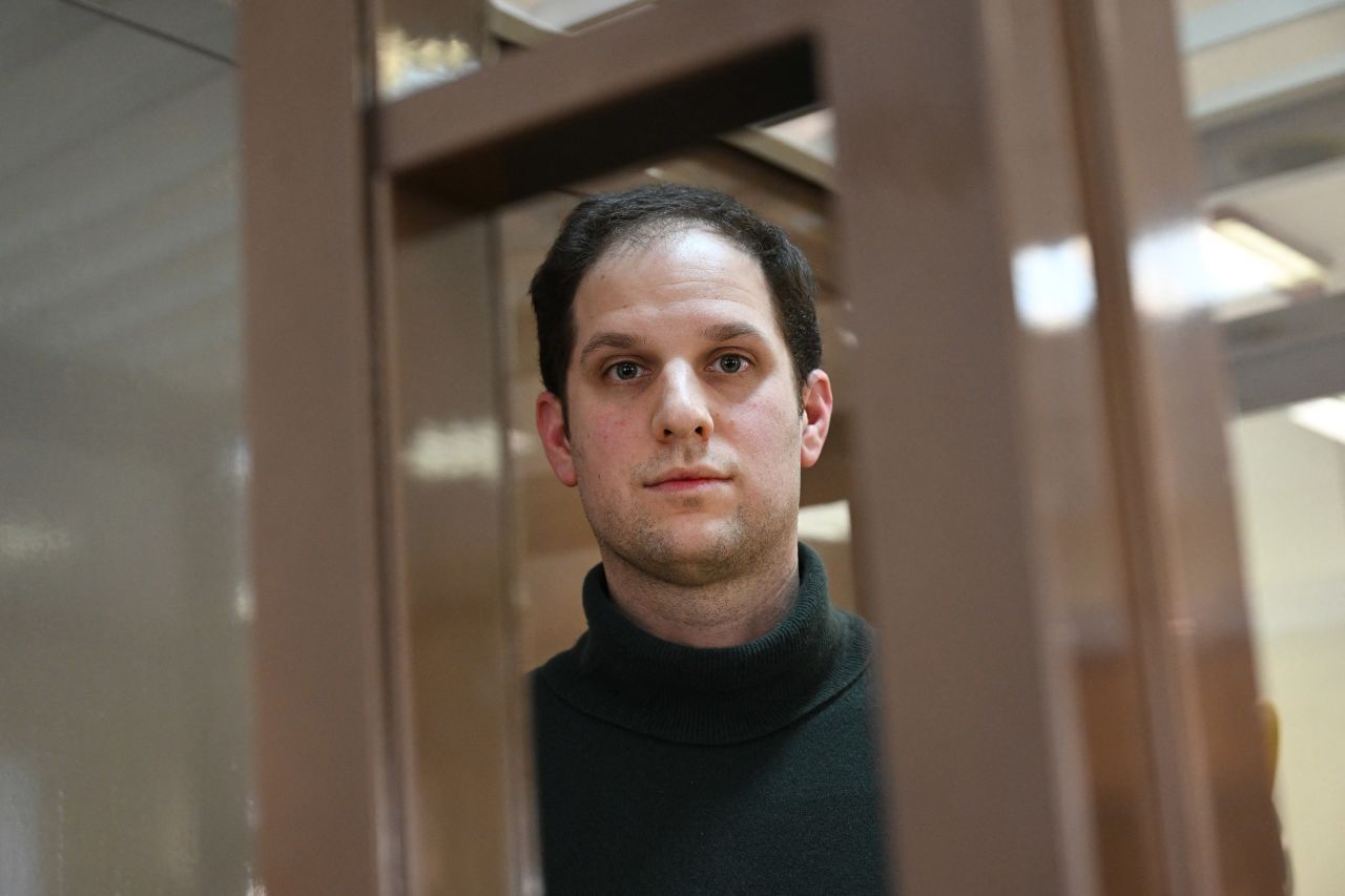 US journalist Evan Gershkovich is seen inside a defendants' cage before a hearing at the Moscow City Court on February 20. 