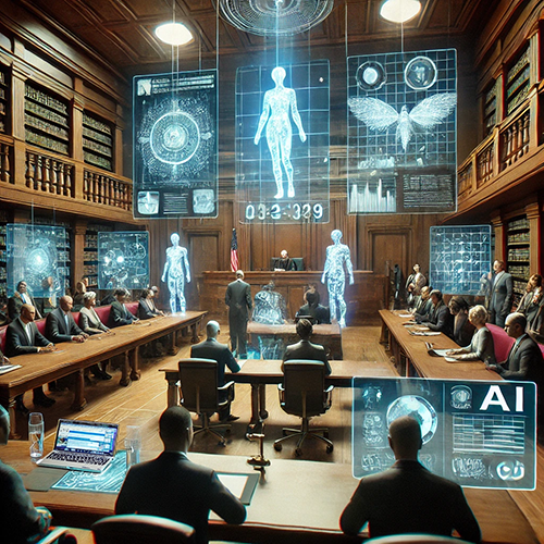 A futuristic courtroom scene where a trial is in progress. The room is filled with people, including judges, lawyers, and jurors, all seated at large wooden tables. Multiple holographic displays are projected around the room, showing various images related to artificial intelligence, such as humanoid figures, data charts, and technical diagrams. A central hologram above the courtroom floor features a human figure with numerical data and technical details. The atmosphere blends traditional courtroom elements like wooden paneling and bookshelves with advanced digital technology, highlighting the integration of AI into legal proceedings.