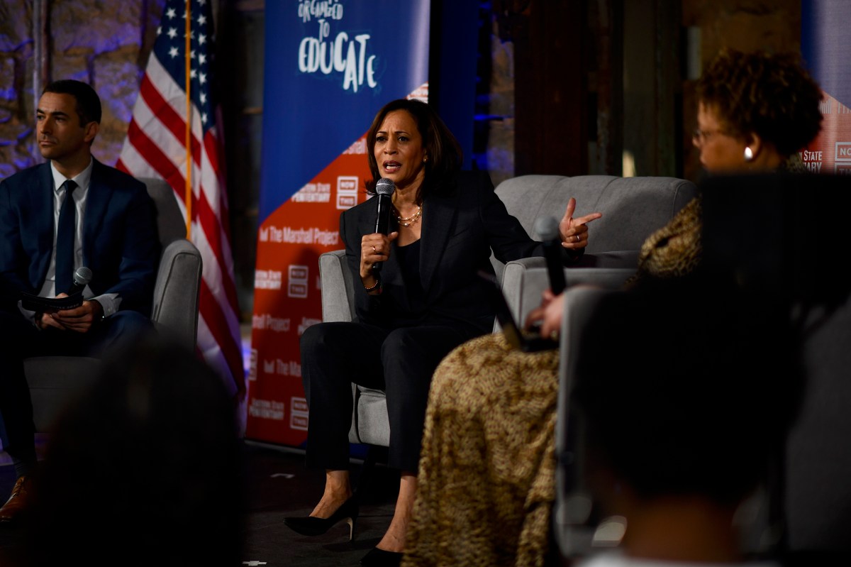 PHILADELPHIA, PA - OCTOBER 28:  Democratic presidential candidate, U.S. Sen. Kamala Harris (D-CA) speaks during a town hall at Eastern State Penitentiary on October 28, 2019 in Philadelphia, Pennsylvania.  Formerly incarcerated individuals, their families and others involved with the criminal justice system hosted the town hall with three 2020 Democratic presidential candidates. (Photo by Mark Makela/Getty Images)