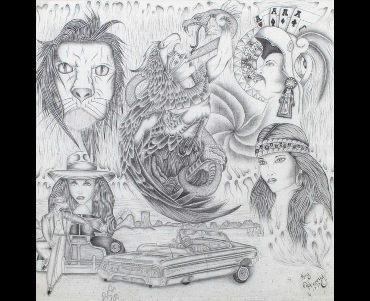 The photo shows an artepaño art piece by Heary from around 1997. It is one of 71 at an exhibit at Utah State University.