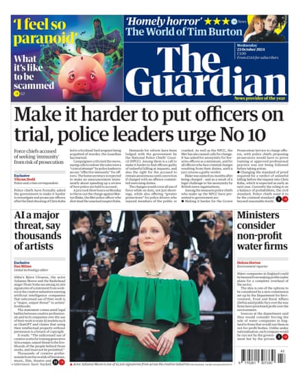 Guardian front page, Wednesday 23 October 2024