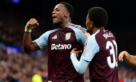 Jhon Durán punches the air after doubling Aston Villa’s lead with a neat finish