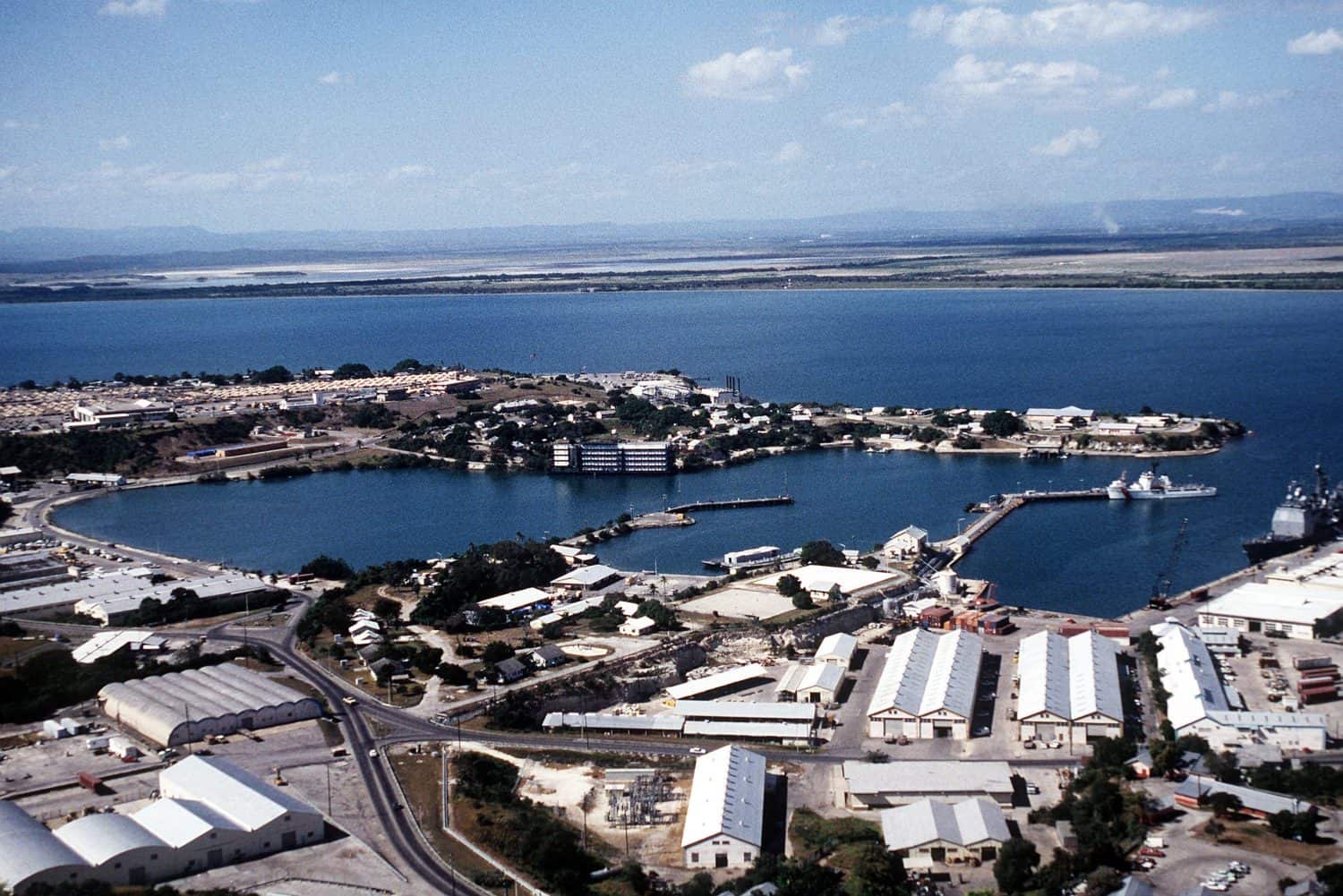 Aerial view of the U.S. Naval Station Guantanamo Bay's windward side looking southwest. Cuba. Jan. 10 1995.,