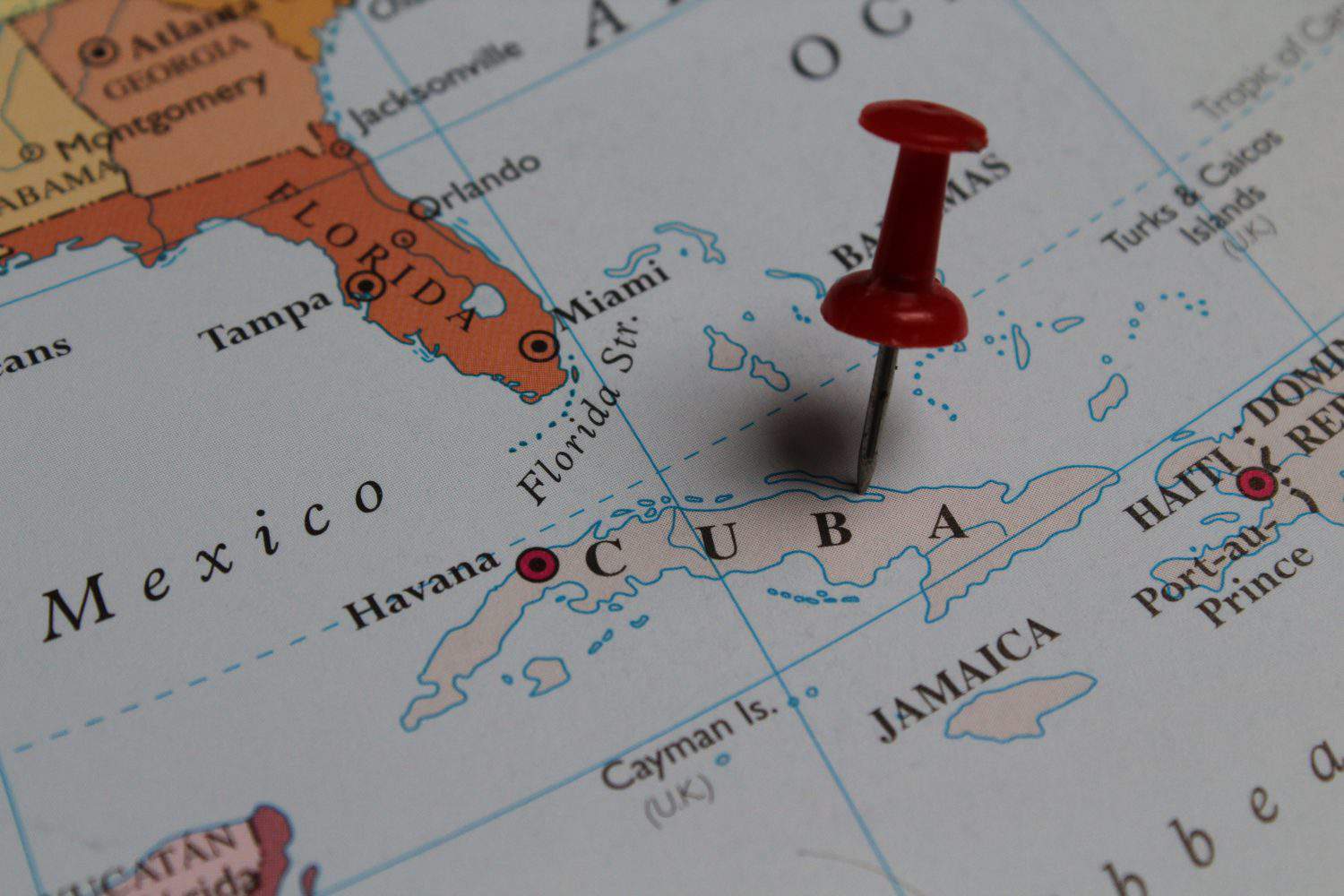 close up of the Caribbean area with Cuba in sharp focus. Cuba on a map. Cuba on a map with red pushpin