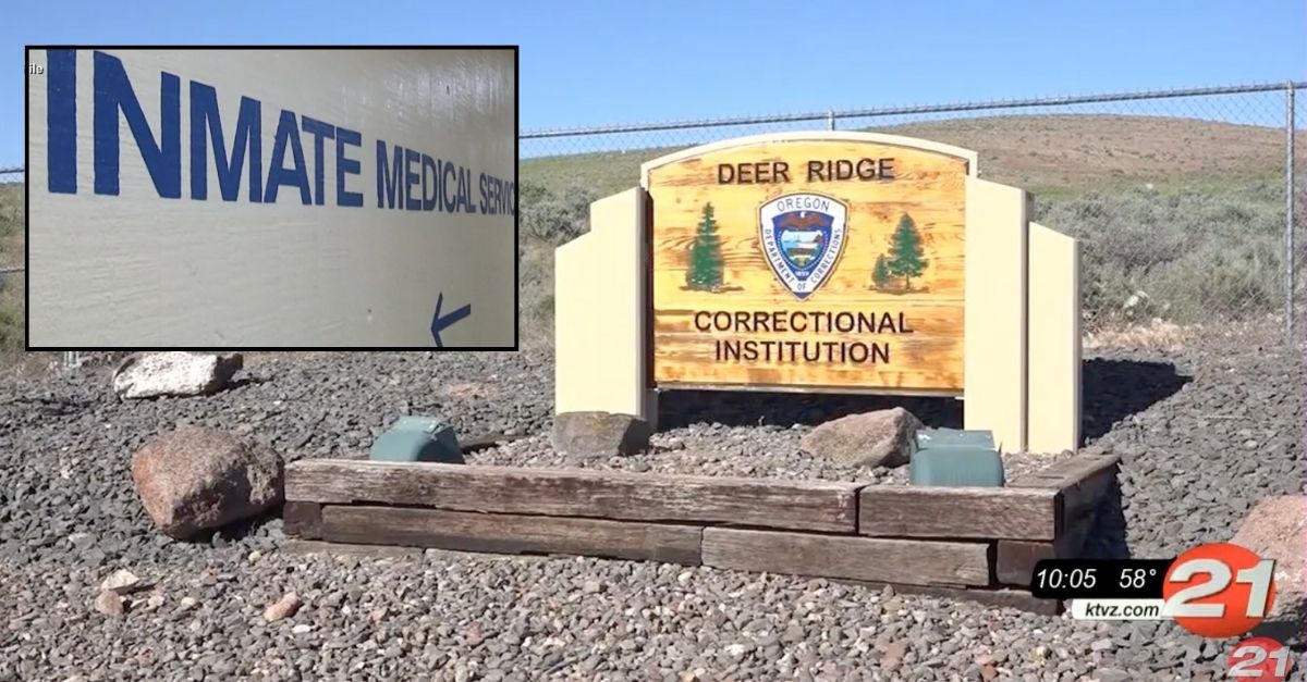 Background: Deer Ridge Correctional Institution (KTVZ/YouTube). Inset: Inside Deer Ridge (KMTR/Youtube).