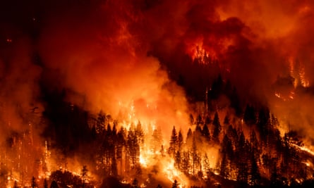 Flames and smoke engulf woodland slopes during a wildfire in California this year