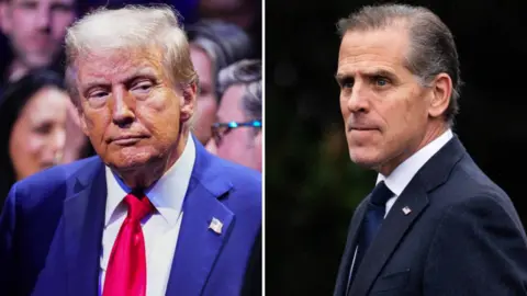 Getty Images A composite image of Donald Trump and Hunter Biden. Donald Trump is on the left and wears a navy suit, white shirt and red tie. Hunter Biden is on the right and wears a dark suit and tie.