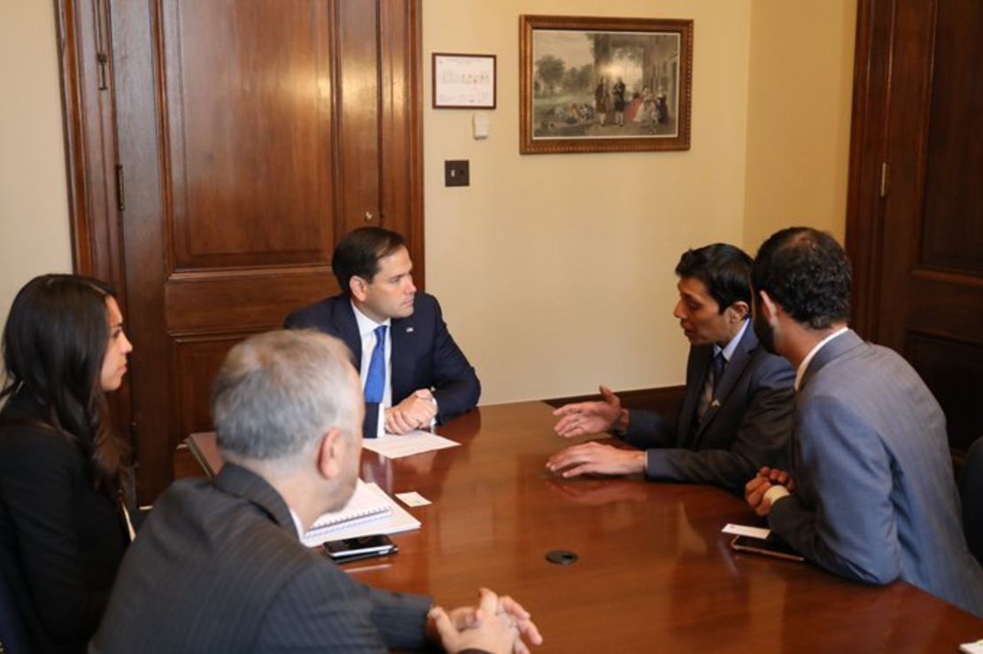 Al-Hamada (second from right) meeting US Senator Marco Rubio (center) during his time in Washington DC, where he advocated for the rights of Syrians under the Assad regime.