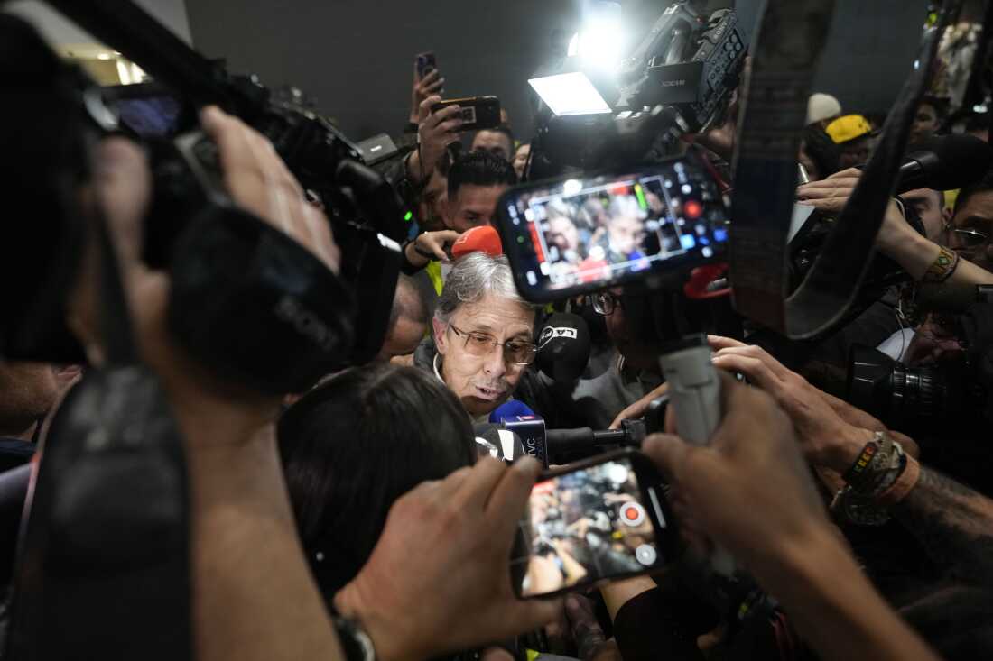 Fabio Ochoa, a former member of Cartel of Medellin, speaks to the media upon his arrival at El Dorado airport, after being deported from the United States, in Bogota, Colombia, on Monday.