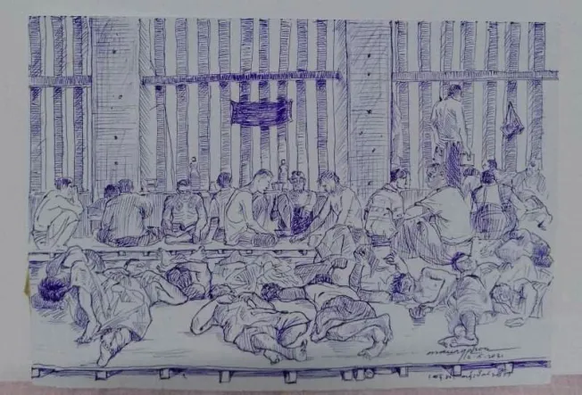 A smuggled sketch shows people inside of Myanmar's Insein prison in this undated picture obtained by Reuters. (Image: Uncredited via Reuters)