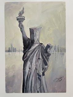 An image of the Statue of Liberty with a hood over her head.