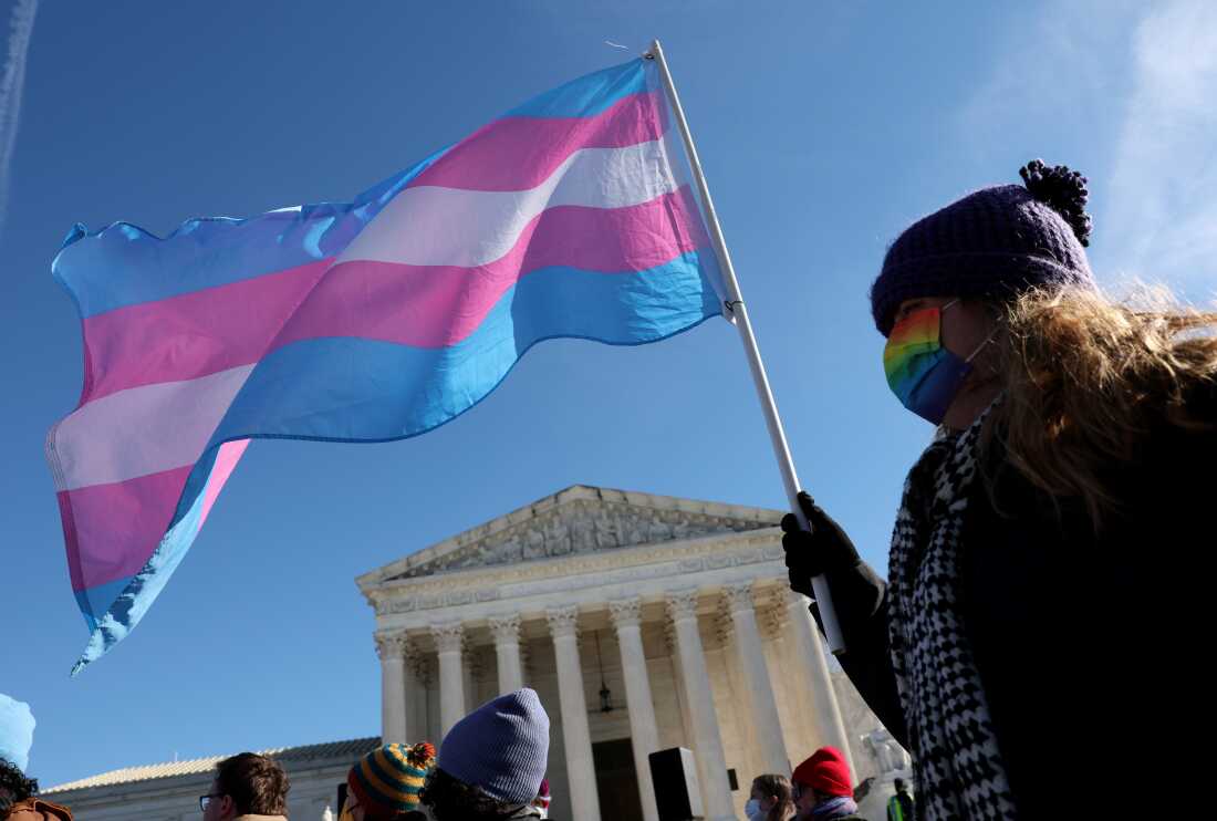 A transgender rights supporter takes part in a rally outside of the U.S. Supreme Court as the high court hears arguments in a case on transgender health rights on Dec. 4, 2024.