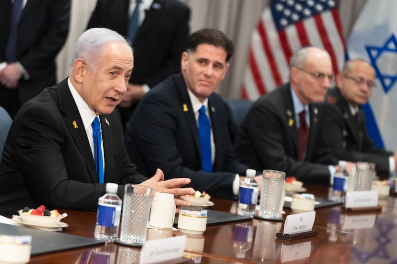 Israeli Prime Minister Benjamin Netanyahu, left, gives his opening statement before the start of a meeting with secretary of defence Pete Hegseth at the Pentagon (AP/Manuel Balce Ceneta)