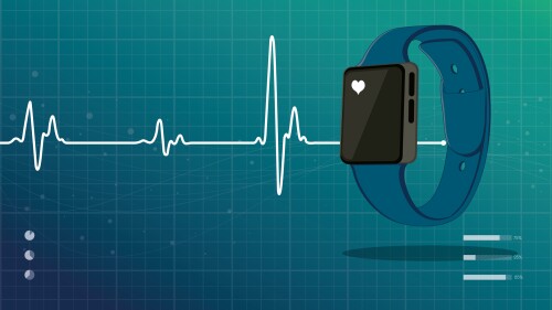 Heart beat monitor with blue smart watch and heart icon