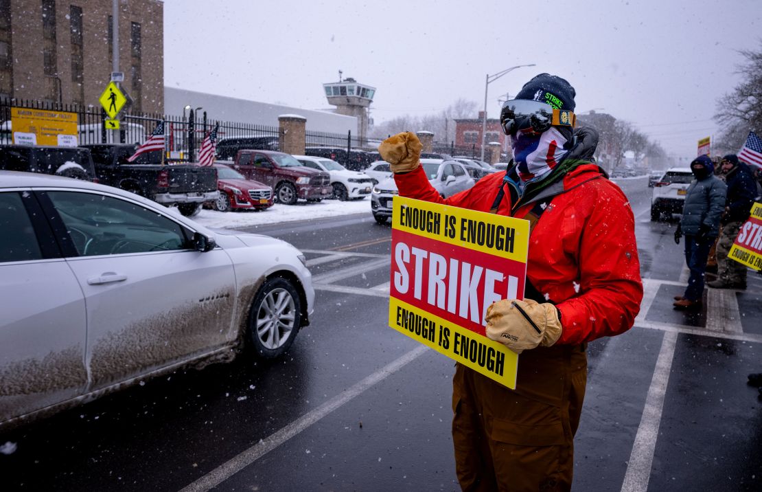 Correctional officers strike across the street from the Auburn Correctional Facility in Auburn, New York on February 20.