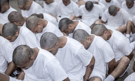 Alleged members of the Tren de Aragua recently deported by theUS government are processed at Cecot, in Tecoluca, El Salvador, in this handout image obtained on 16 March 2025.