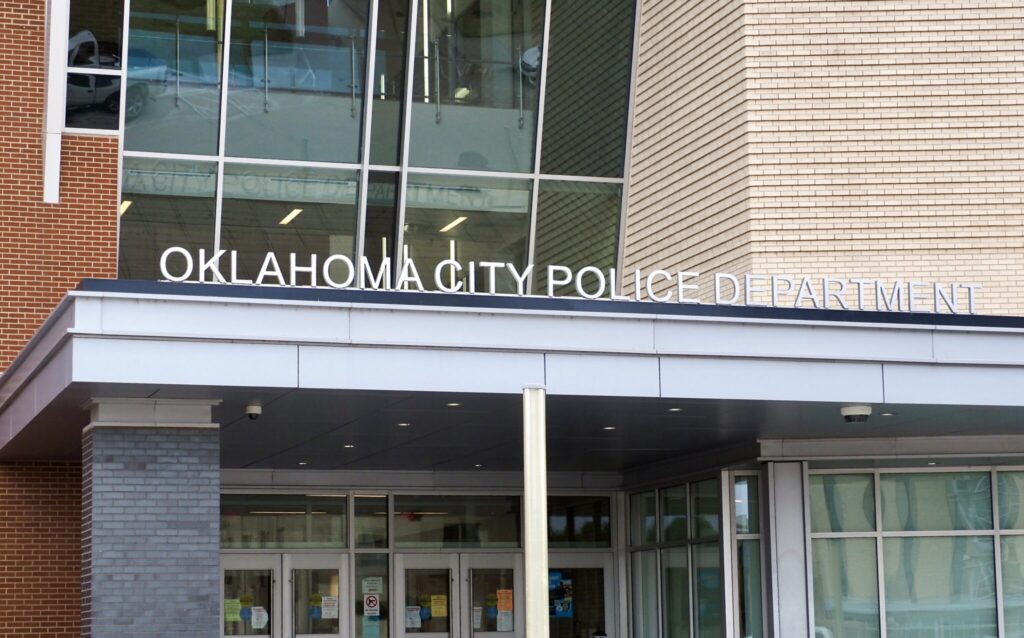 The entrance to the headquarters of the Oklahoma City Police Department.