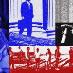 Graphic collage of lawyers and immigrants