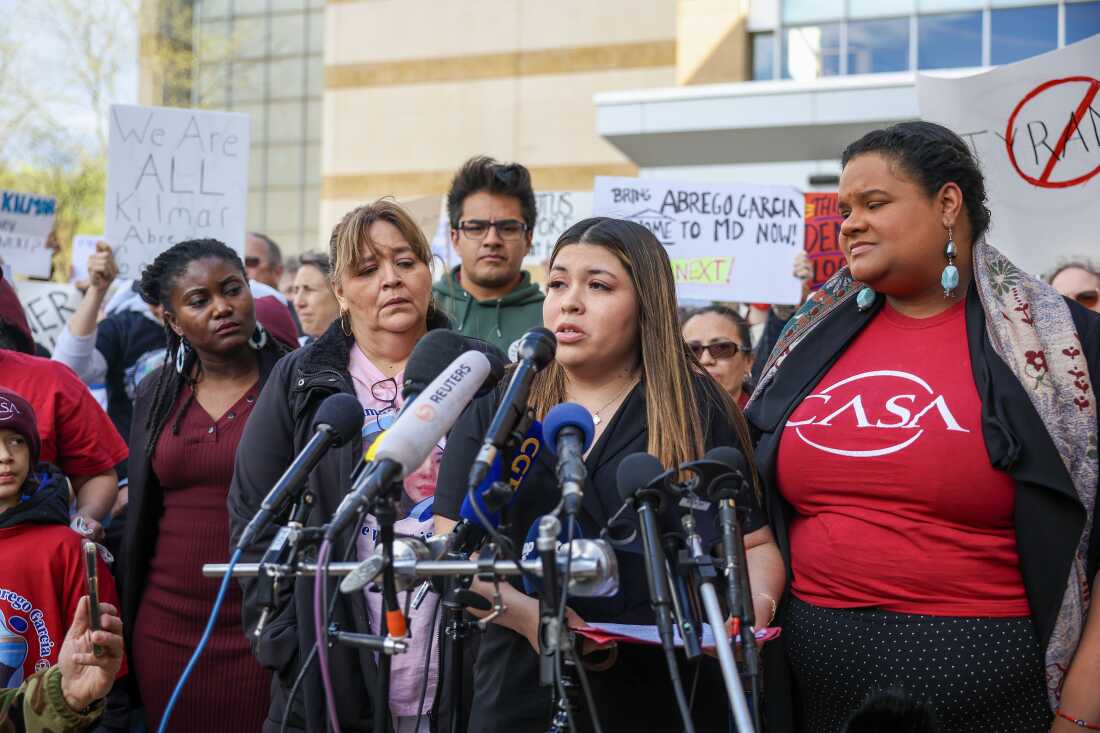 Jennifer Vasquez Sura, the wife of Kilmar Abrego Garcia, who was mistakenly deported to El Salvador, speaks to the media before she enters federal court on April 15, 2025 in Greenbelt, Md.