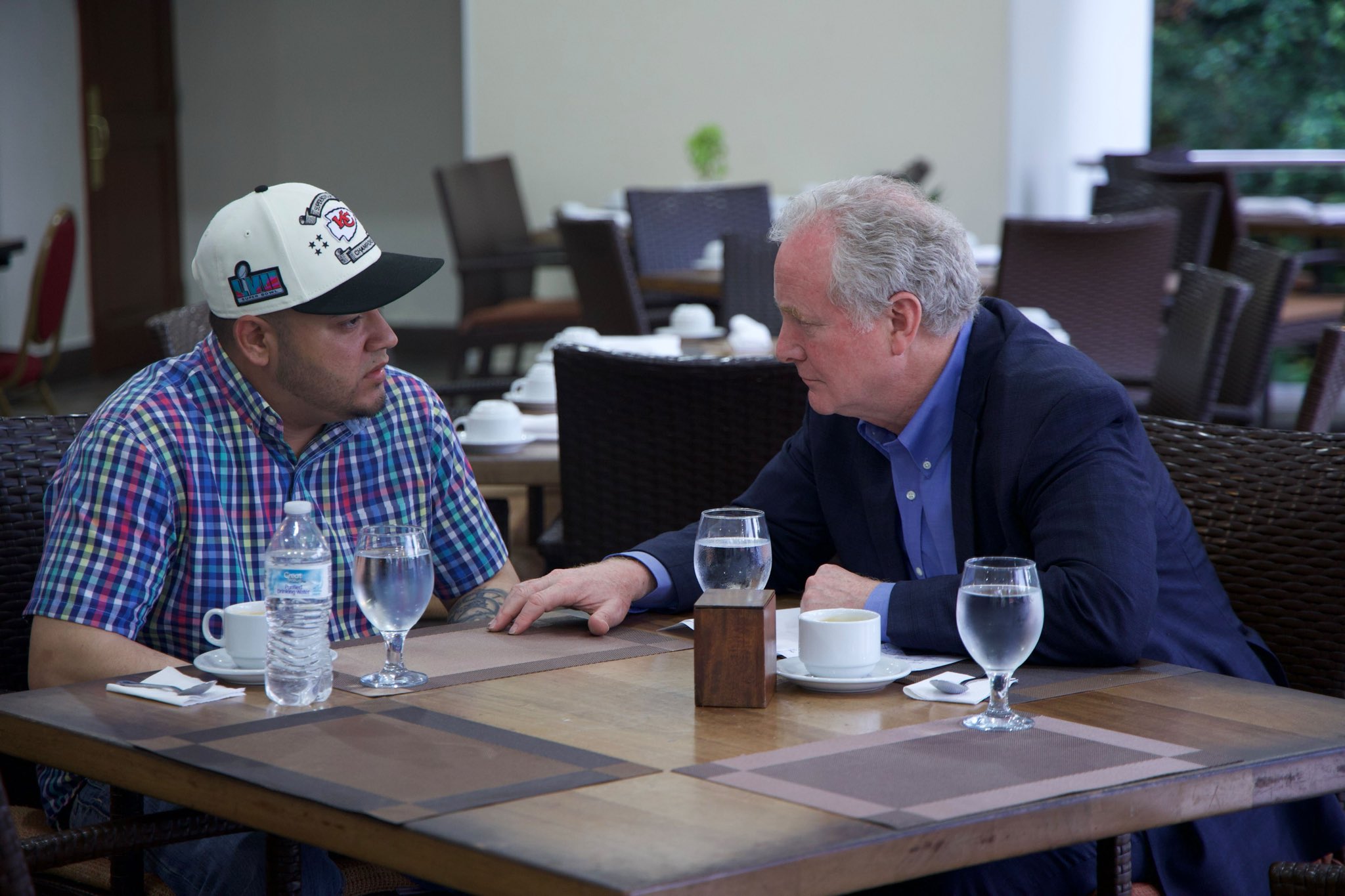 U.S. Sen. Chris Van Hollen, right, meets with Maryland resident Kilmar Abrego Garcia in El Salvador on April 17, 2025. Van Hollen, a Maryland Democrat, had been seeking a meeting with Abrego Garcia after the administration said it mistakenly deported him to a mega-prison in his home country. (Photo via Van Hollen on X.)