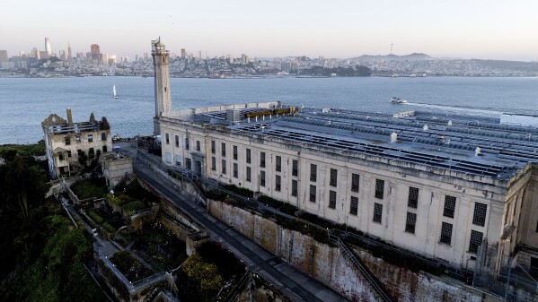 Alcatraz Island is pictured on Sunday, May 4, 2025, in the San Francisco Bay, Calif. (AP Photo/Noah Berger)