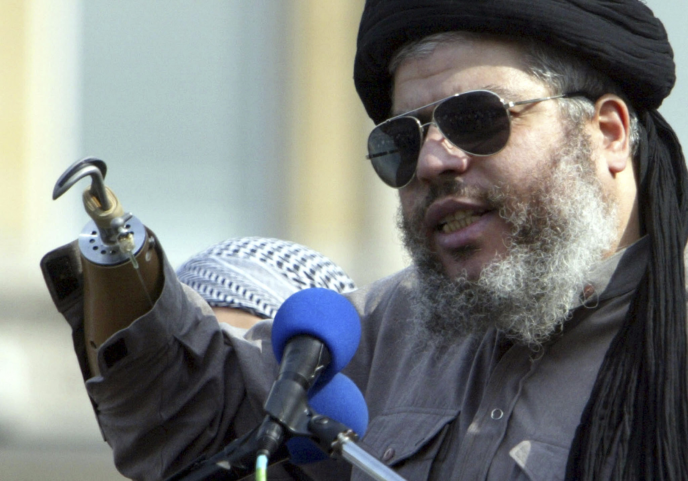Abu Hamza al-Masri speaking at a rally in Trafalgar Square, London.